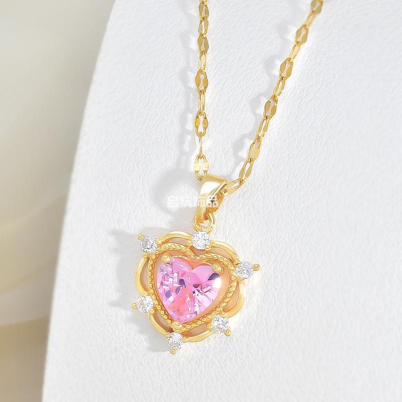 Pink Zirconium Love Necklace Women'S Light Luxury Simple Versatile Inlaid Pendant