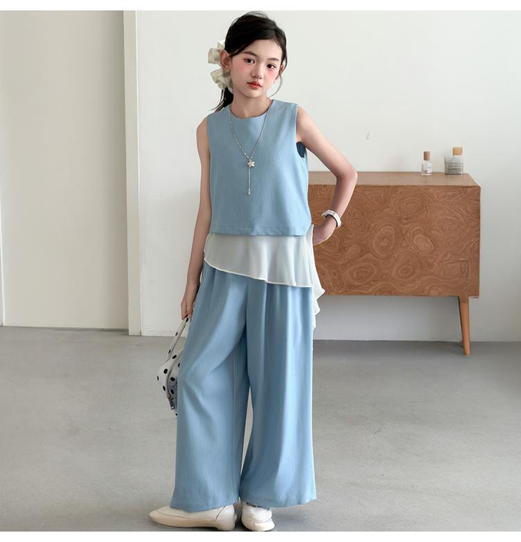 Girls' Set 2026 Summer New Children's Casual Sleeveless Patchwork Top Korean Wide Leg Pants Two-Piece Set Summer