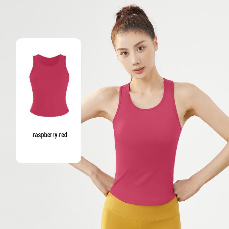 Peach Yoga Tank Top with Built-in Bra: High Elastic, Fixed Cups, Tight-Fitting, Anti-Exposure, Non-Shifting, Round Neck Sports Tank.