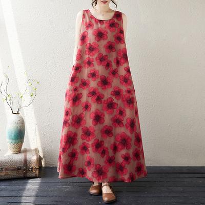 Summer Ethnic Style Plus Size Printed Cotton Linen Loose Round Neck Sleeveless Women's Long Skirt Dresses