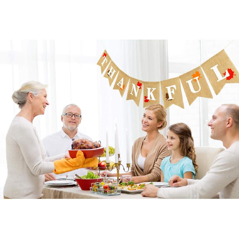 Whaline Thankful Burlap Banner with Rustic Thanksgiving Garland Fall Maple Leaves Decorations Thanksgiving Mantel Fireplace Wall Hanging for Autumn