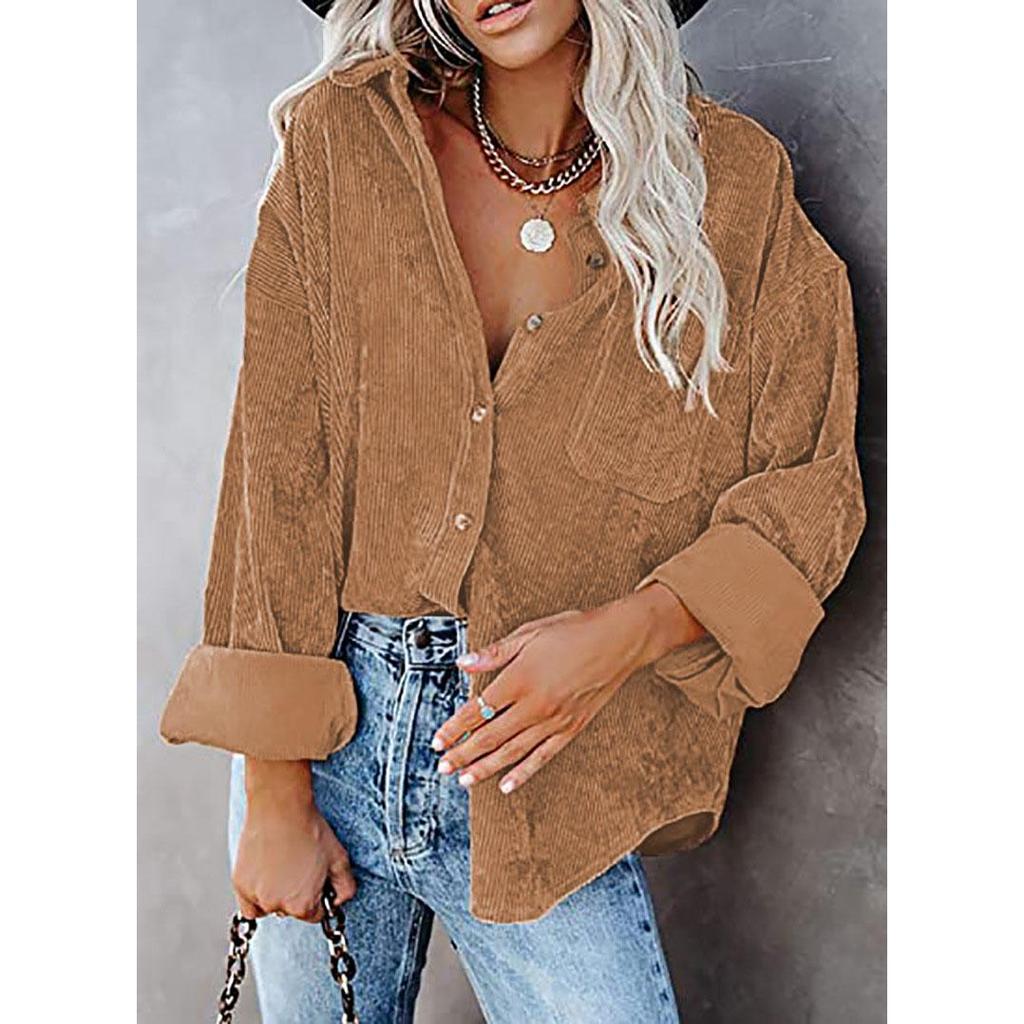 Damer Casual Manchestervårdblus Randig Damer Skjortjacka Vintage Knapp Ficka Lös Mode Blusar Toppar Plus Size