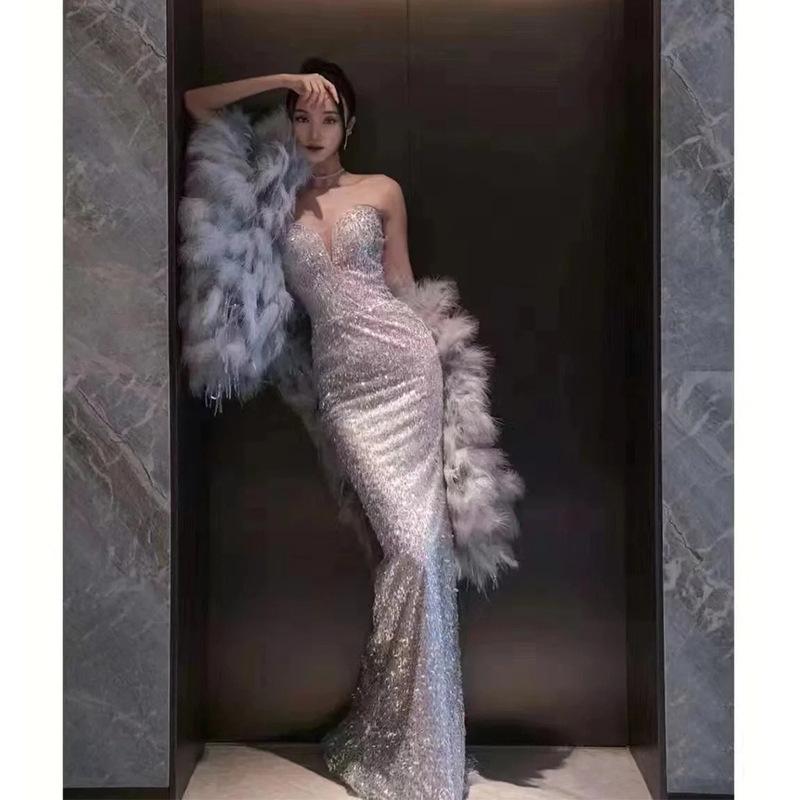 S sexy gray tube top fishtail evening dress 1011 new summer bride toasting dress host performance wedding ceremony