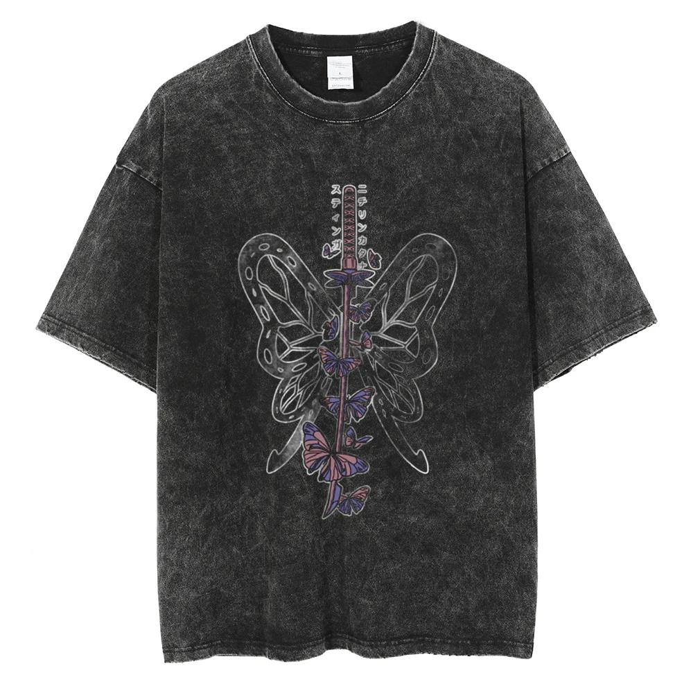 Fashion Anime Demon Slayer Rengoku Kyoujurou Men Washed Vintage T-shirt Summer Short Sleeve Cotton Casual Top Tee