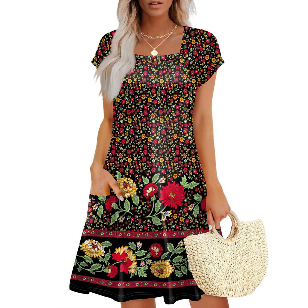 Summer Dresses For Women Loose Square Neck Cap Sleeve Casual Beach Vacation Tshirt Dress Sundresses With Pockets