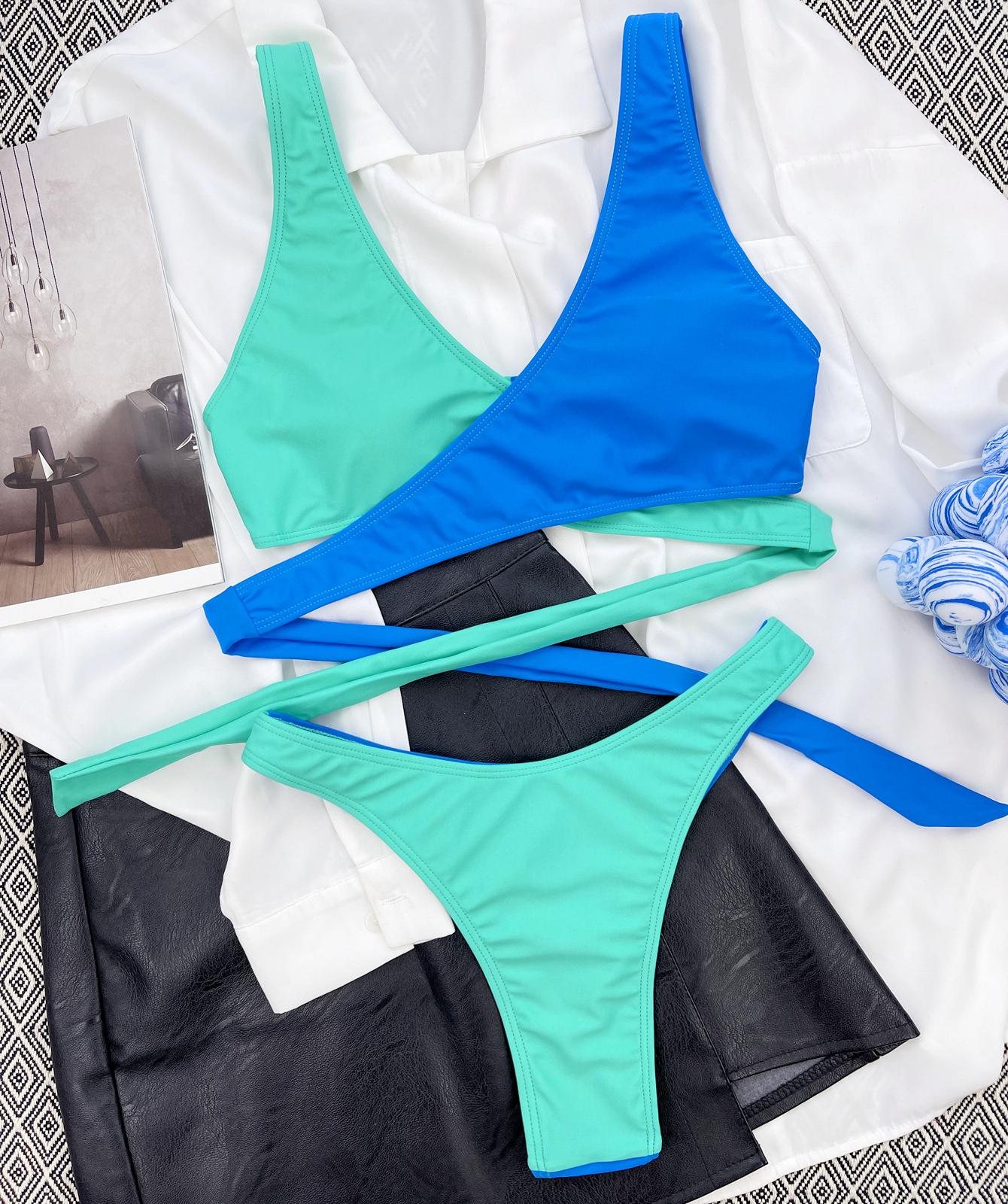 

Женский купальник с двойными бретелями, бикини с завязками на спине, сексуальный женский купальник M зелёный/синий