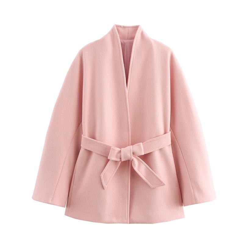 

Kyoto Gold Pink and Tender French style Retro Elegant Stand Collar Long sleeve With Belt Mid-Length Wool coat Outerwear Pink L