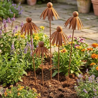 Weather Resistant Metal Daisy Stake Long Stakes Curved Petal Stake Rustic Garden Art  Porch Pathway
