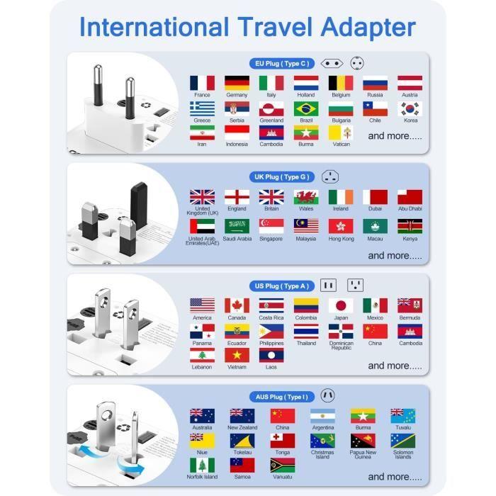 Adaptateur de Voyage,Prise Universelle Internationale avec 3 USB-A et 1 USB-C PD,Adaptateur Mondial Voyage France vers USA,Blanc