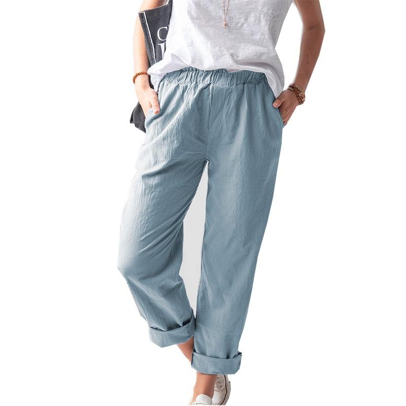 Women New Summer Cotton Linen Pants Solid Color Casual Stretch High-waist Straight-leg Pants