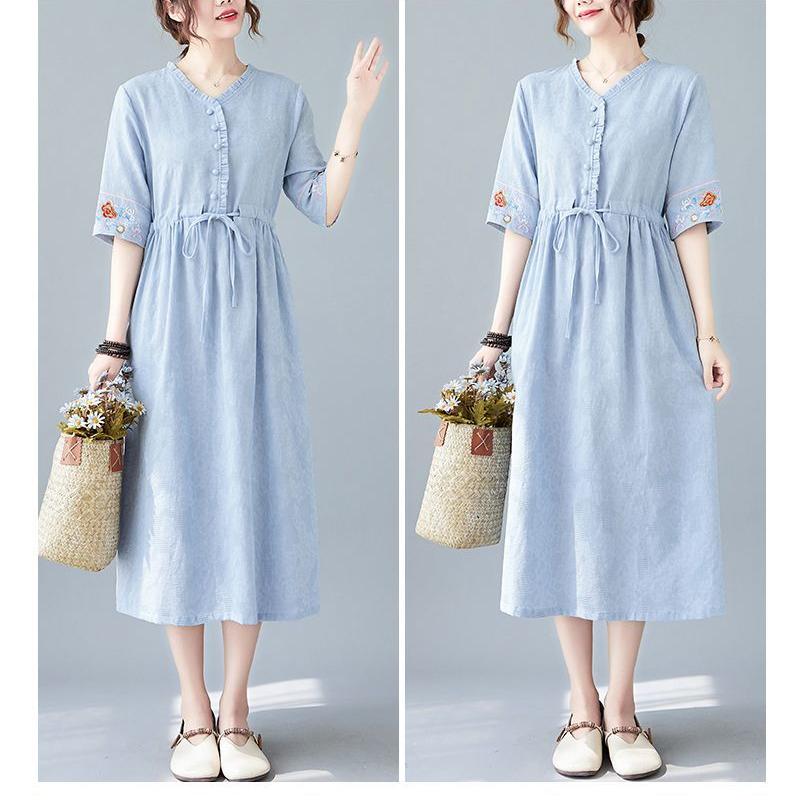 Summer New Fashion Vestidos Women Casual Elegant Cotton Ramie Embroidery Loose Plus Size Vintage Beach Midi Dress M-2XL