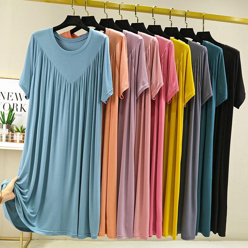 Modal Plus Size Summer Pleated Nightgown for Women – Loose, Mid-Length Home Dress