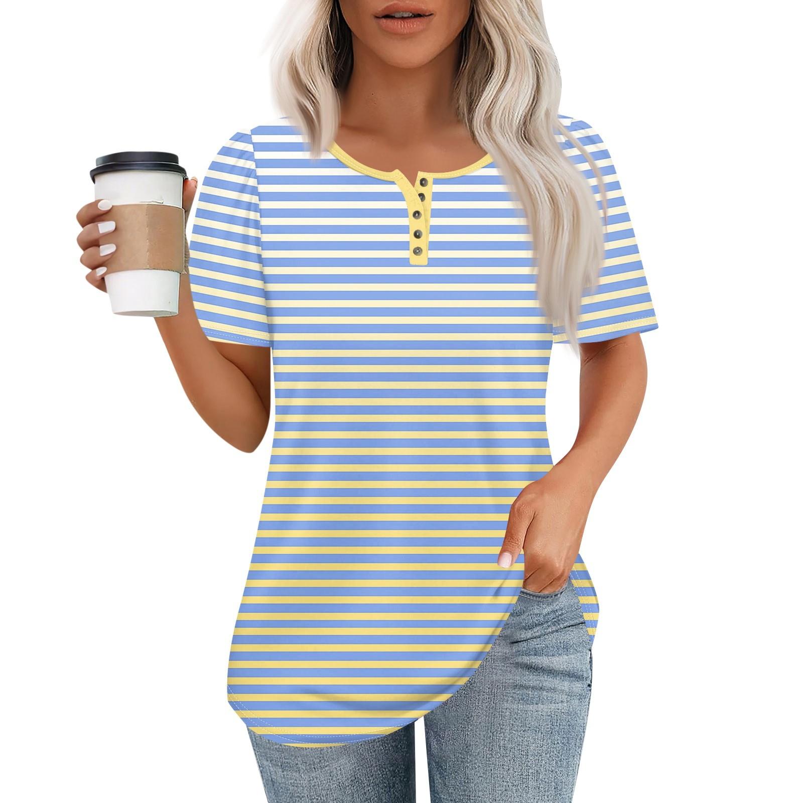 

Женский модный повседневный короткий рукав пуловер с принтом на пуговицах и круглым вырезом XXXL