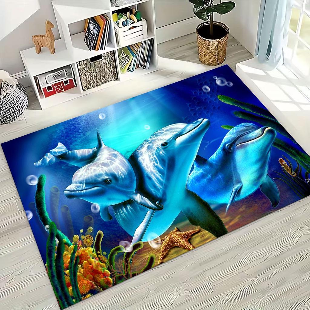 Dream Underwater World Sea Dolphin Turtle Coral Art Rug for Bedroom Living Room Sofa Home Doormat Decor,Kids Non-slip Floor Mat