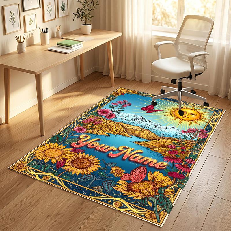 Floral Garden Theme Crystal Velvet Rug Personalized Custom Name Text Soft Floor Mat Home Decor