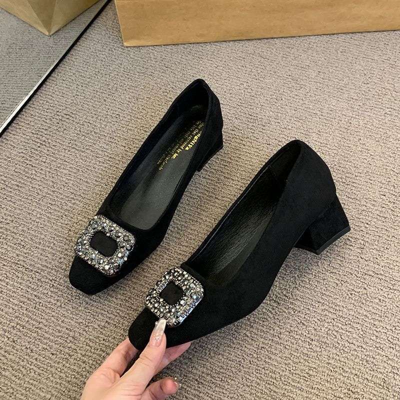 

Black square head high heels women s thick heel 2025 new rhinestone versatile French temperament Mary Jane square diamond single shoes women 40