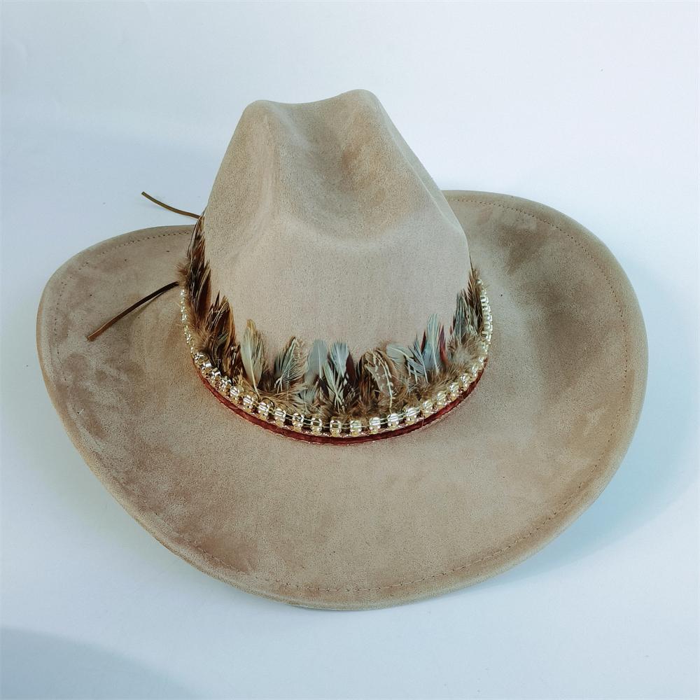 

New ethnic Vegan Suede Cowboy Hat wide brim feather Cowgirl hat party Western Cowboy hat wholesale Cattleman Style knight hat M 56-58