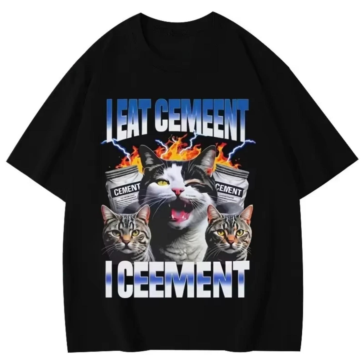 

I Eat Cement Cursed Cat Funny Vintage Meme Print T Shirt Fashion Short Sleeve T-shirts Women Casual Summer Clothing Tops S чёрный