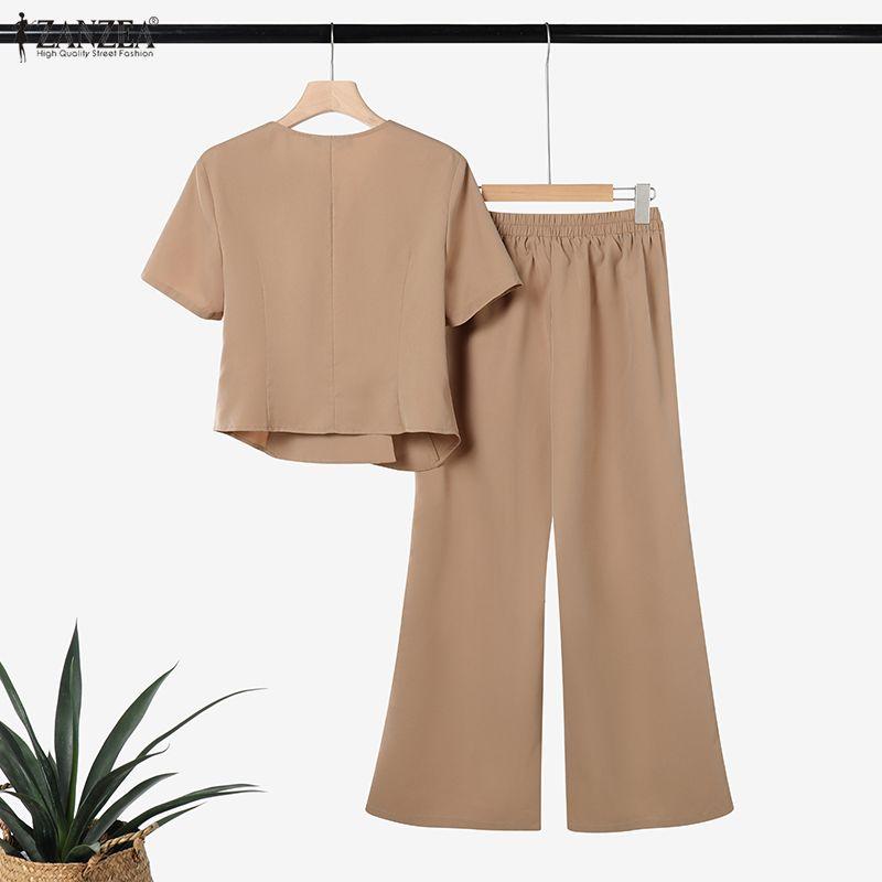 ZANZEA Kadın Kısa Kollu Bluz ve Pantolon Günlük İki Parça Takım Setleri