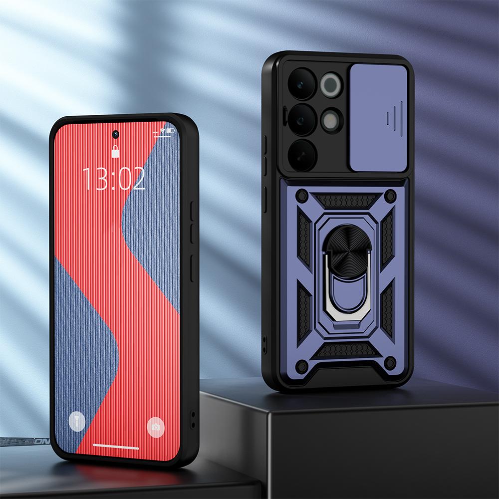 KEYSION Shockproof Armor Case for Realme C85 5G Slide Camera Lens Protection Ring Stand Phone Back Cover for OPPO Realme C85 Pro