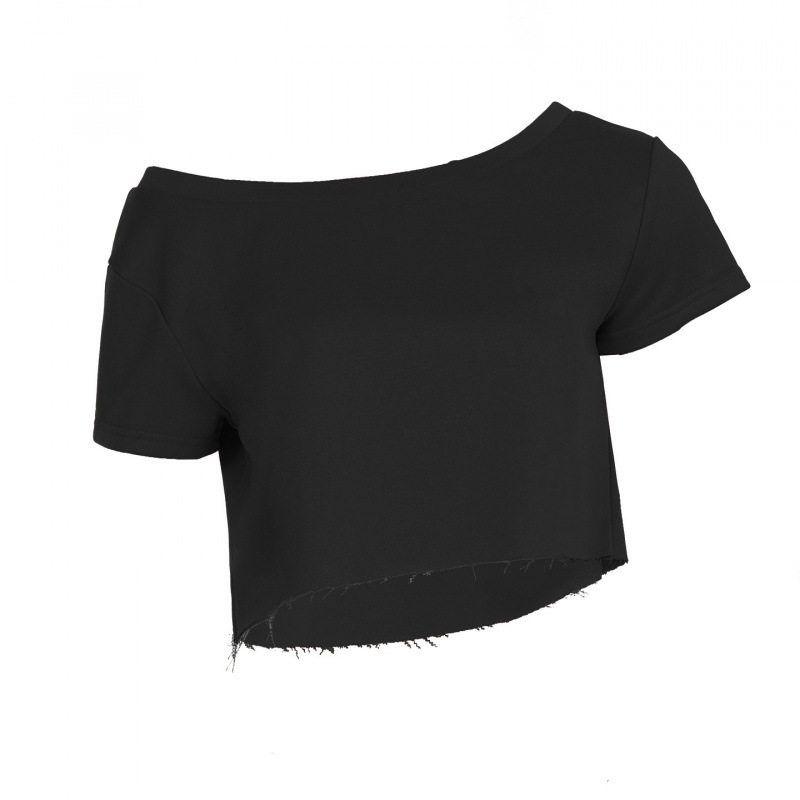 Ins Street Style Lazy One-Shoulder Loose Simple Casual Long-Sleeved Sweatshirt American Style Hot Girl Crop Top Slimming Top 36652 Black S