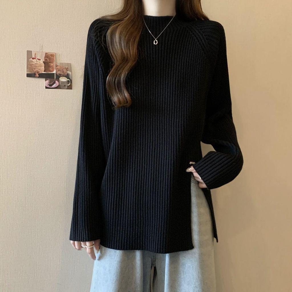 Women's Plus Size Ribbed Knit Split Long Sleeve Top, Autumn/Winter Korean Style, Half-High Neck, Loose Slimming Fit
