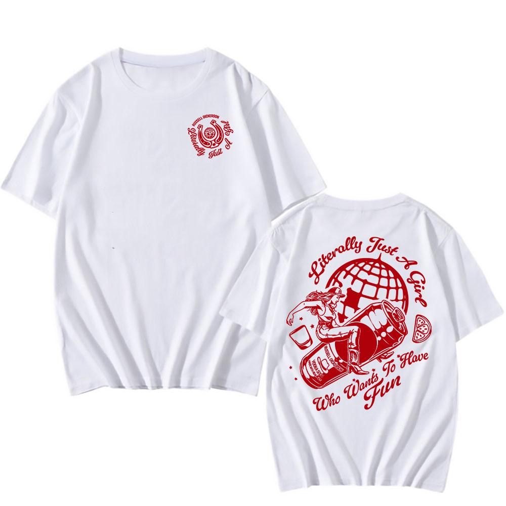 

ФУТБОЛКА JUST A GIRL Рассел Дикерсон Графическая футболка Хлопковая футболка с коротким рукавом Модная футболка Мужская Женская Унисекс Уличная одежда Футболка XS белый