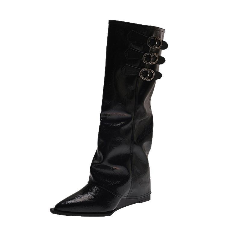 Boots Children Pointed High Heel Belt Buckle Autumn Boots Pants Tube Vintage Skinny Locomotive Boots Fashion Wedge Heel None