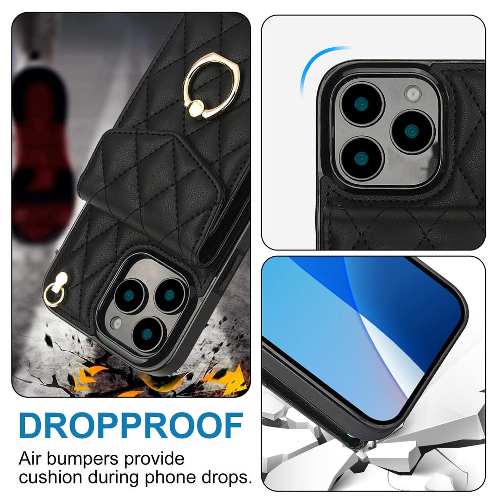 For iPhone 16 Pro Case Card Bag Leather+TPU Crossbody Phone Cover with Ring Kickstand