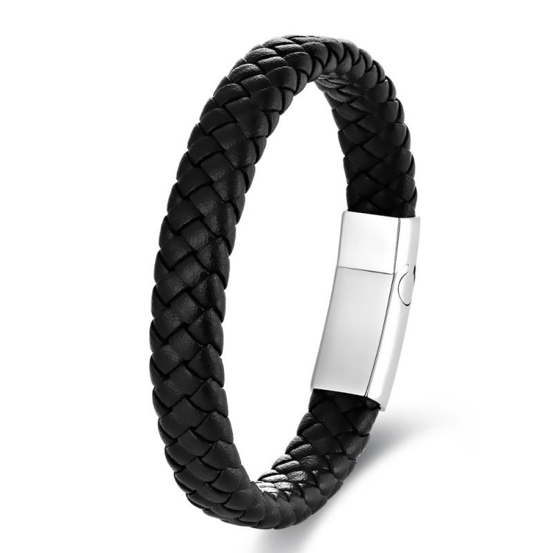 Stainless Steel Engraved Mens Leather Woven Bracelet Minimalist Geometric Design Adjustable Size Daily Wear 19 cm