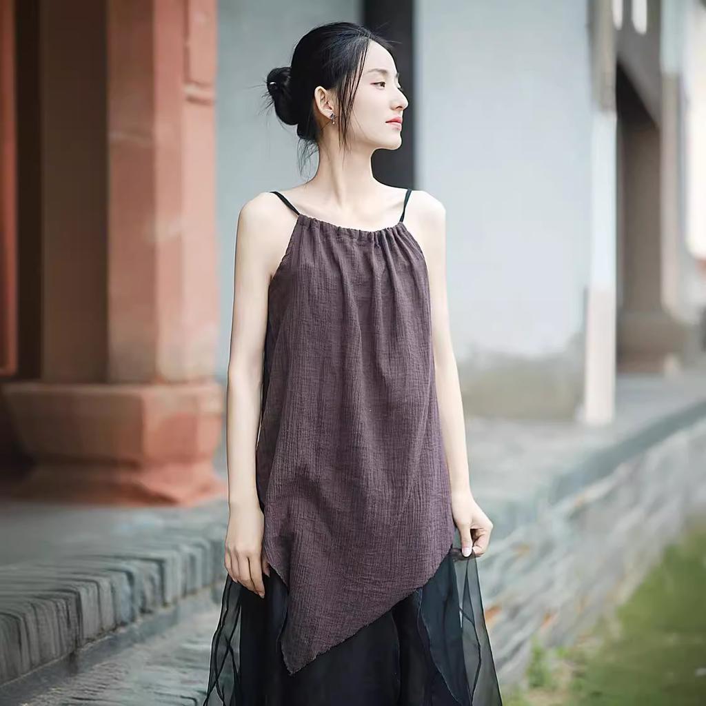 Drawstring adjustable suspender skirt cotton wrinkled literary retro style burr edge suspender medium and long color seaside vacation