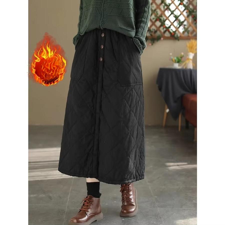 Retro Mom Diamond Grid Quilted Skirt Winter Warm Large Size Women's Clothing Casual High Waist Casual Cotton Skirt