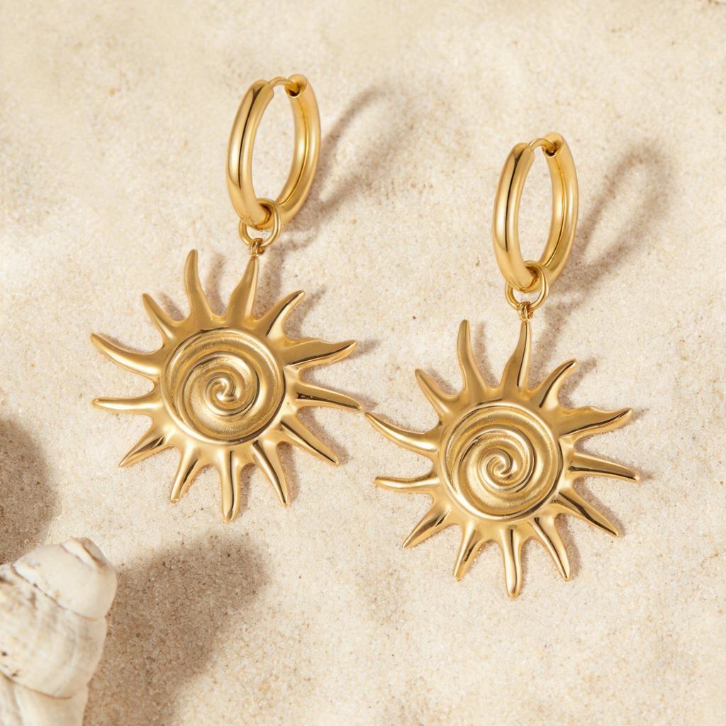 Sonnenohrringe aus Perlmutt für Damen, Antiallergische Edelstahl-Hängeohrringe, Wasserdichter Einzigartiger PVD-beschichteter Schmuck
