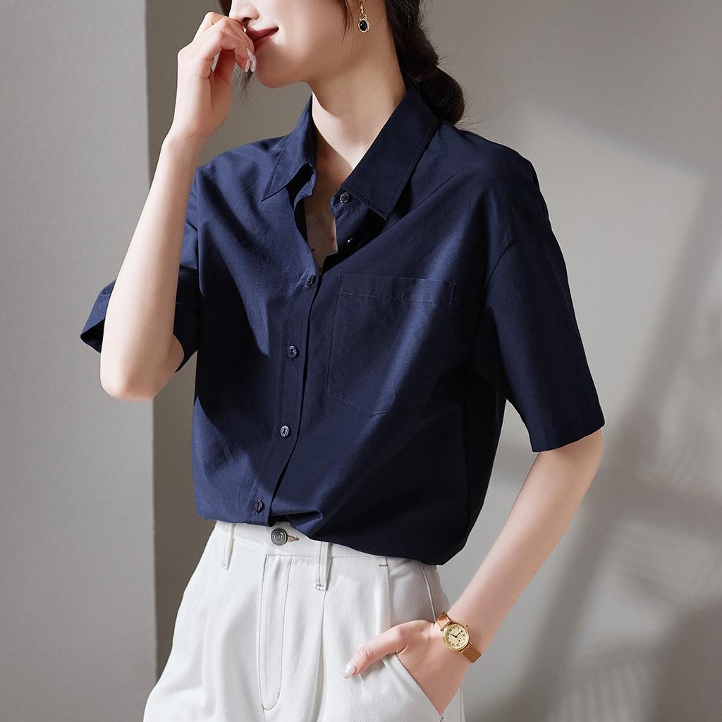 Simple commuting short sleeved shirt for women in 2026 summer, thin, fashionable, loose, versatile, solid color casual shirt
