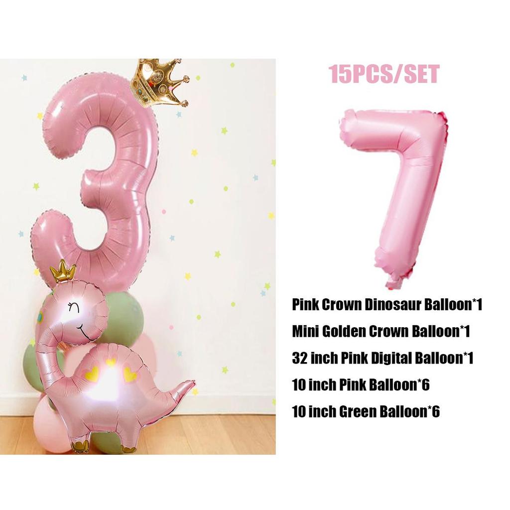 Torre de balões de dinossauro verde rosa com balão de número de 32 polegadas para decoração de festa de aniversário faça você mesmo com dinossauro para meninas