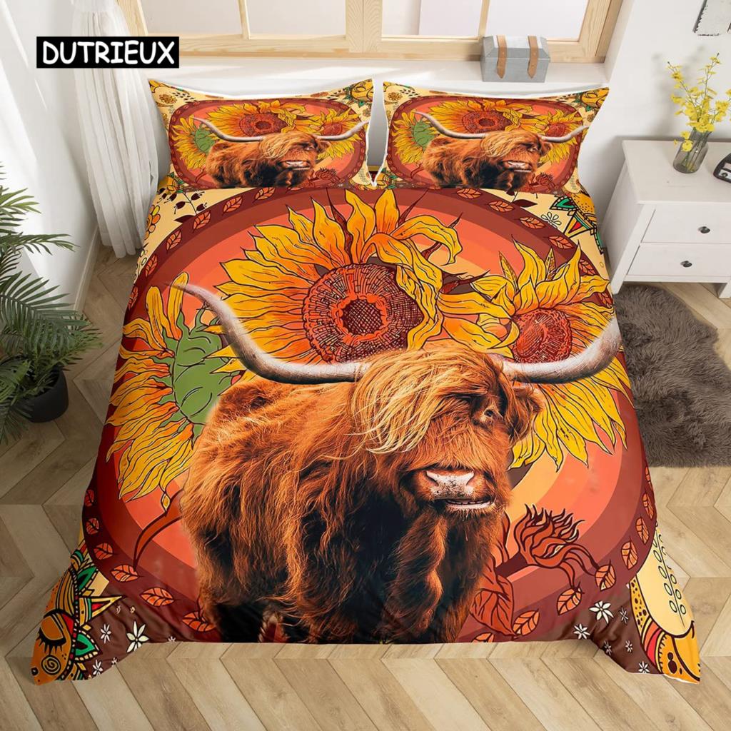 Kuh Bettbezug Set Twin King Size Bauernhoftier Bettwäsche Set Grüner Rankenblätter Druck Bettdeckenbezug Rustikale Holzbrett Steppdecke