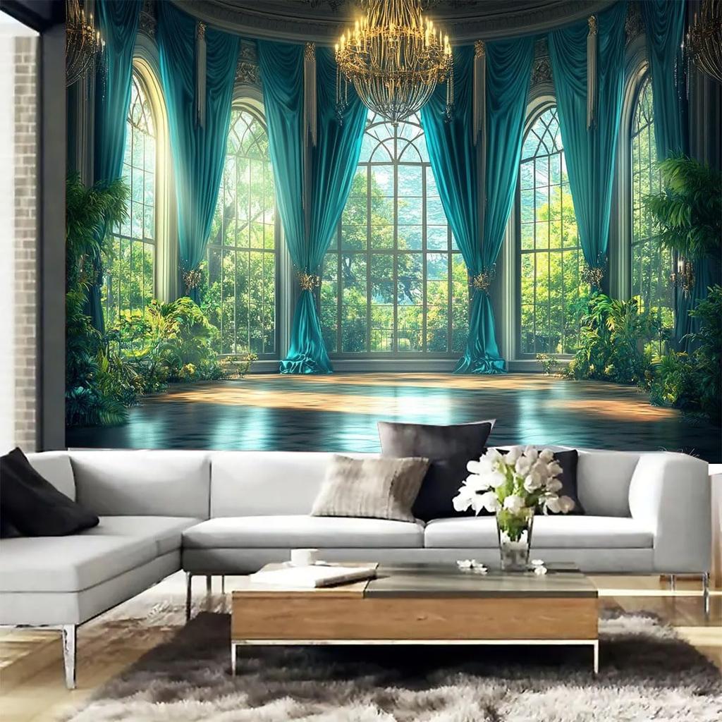 Spring Window View Tapestry Wall Hanging Garden Green Forest Scene Outside Vintage Window Crystal Light Wall Decor For Bedroom