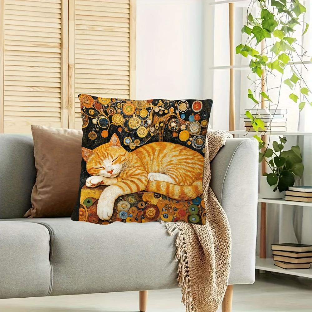 2D Flat- Vintage Art Nouveau Sleeping Ginger Cat Throw Pillow Cover Luxury Gustav Klimt Style Decorative Cushion Case