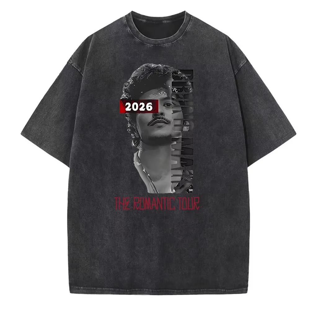 Bruno Mars The Romantic Tour Washed Cotton Printed Tshirt Men Women Hip Hop Short Sleeve Oversized Summer Male Tee Shirt