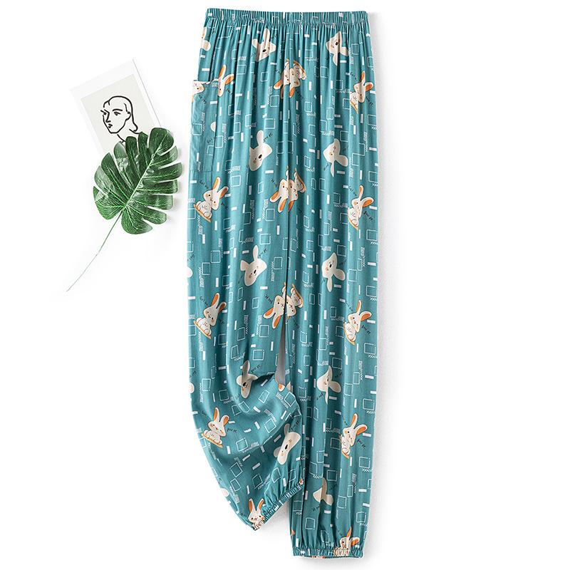 Pantaloni de pijama din bumbac mătase pentru femei, secțiune subțire de vară, anti-țânțari, pantaloni cu picior lat, culoare uni, pentru exterior, casă, petrecere a timpului liber, imprimeu, pantaloni de plajă până la genunchi