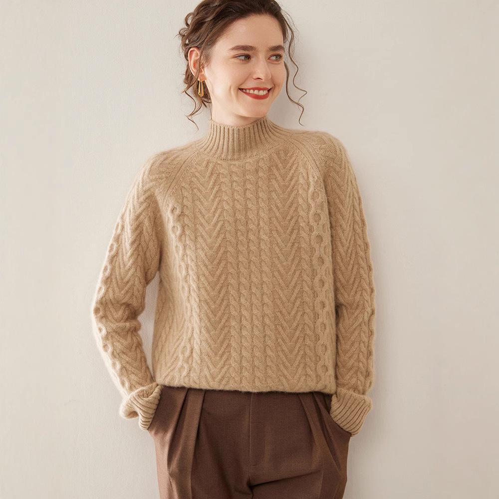 Women's Cashmere Jacquard Sweater: Thick, Heavyweight Three-Strand Knit, Half-High Collar, Loose Fit, Long Sleeve Pullover for Autumn/Winter.