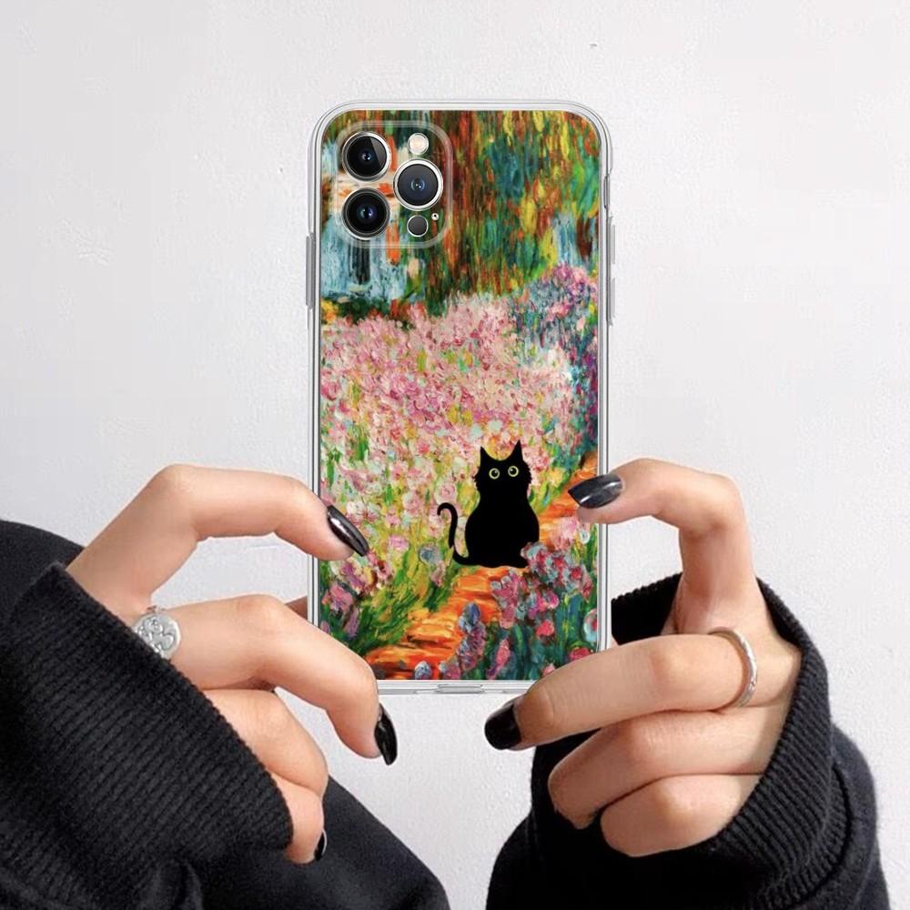 Cartoon Animal Black Cat Oil Painting Phone Case for iPhone 16 15 8 7 6 6S Plus X SE XR XS 14 11 12 13 Mini Pro Max Mobile Case