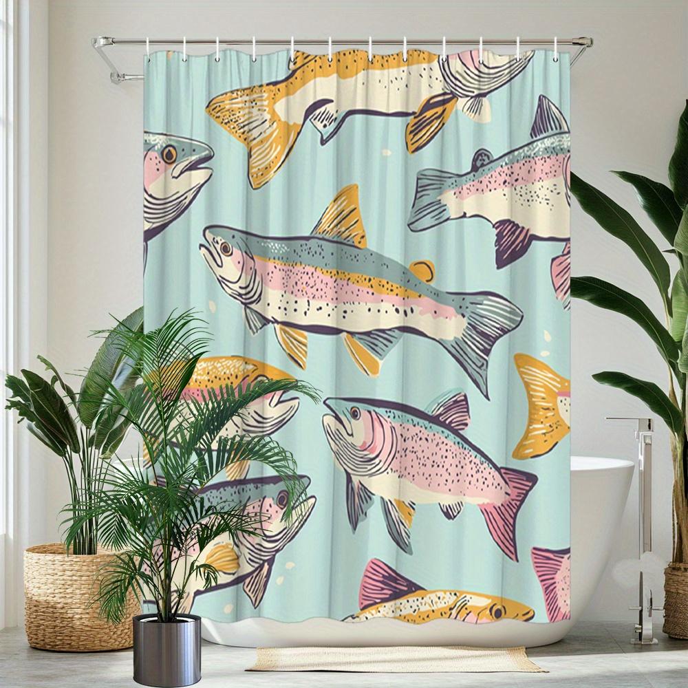 1pc Vibrant Trout Fish Shower Curtain, Mid-Century Modern Style, Light Teal Background with Colorful Fish Design