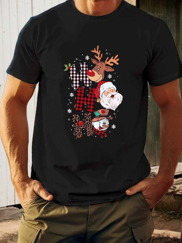 Herren Sommer Baumwoll Rundhals T-Shirt mit festlichem "Hohoho"-Design - Lässiges Kurzarm-Tee mit Weihnachtsmann