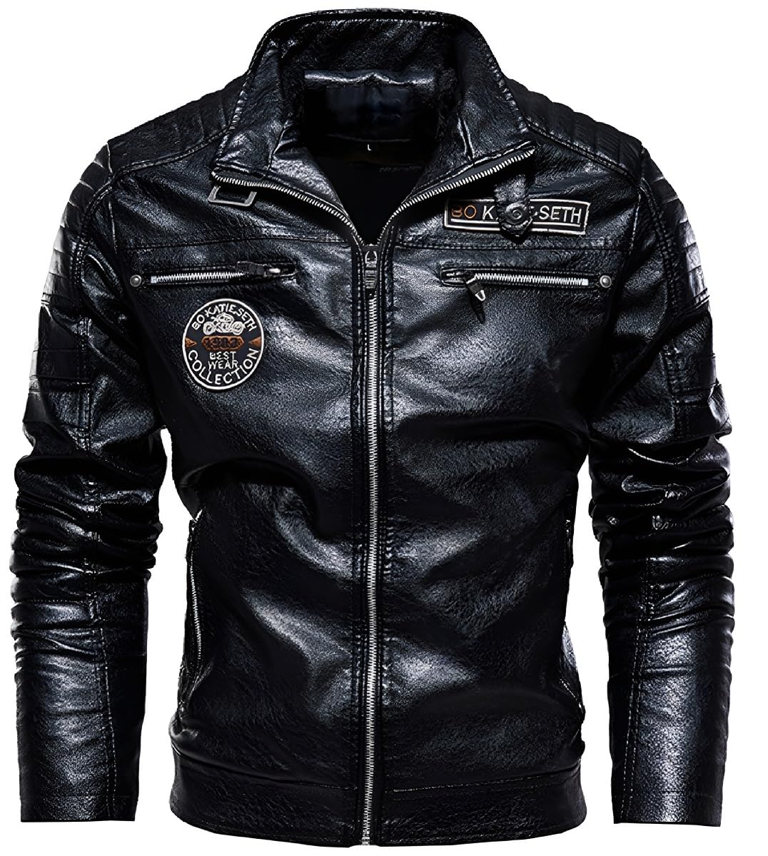 

Мужская куртка Royal Pine Biker из натуральной кожи с глянцевой флисовой подкладкой, Осень/Зима, с тиснением под кожу, воротником, эмблемой, подкладкой, (3XL, черный)