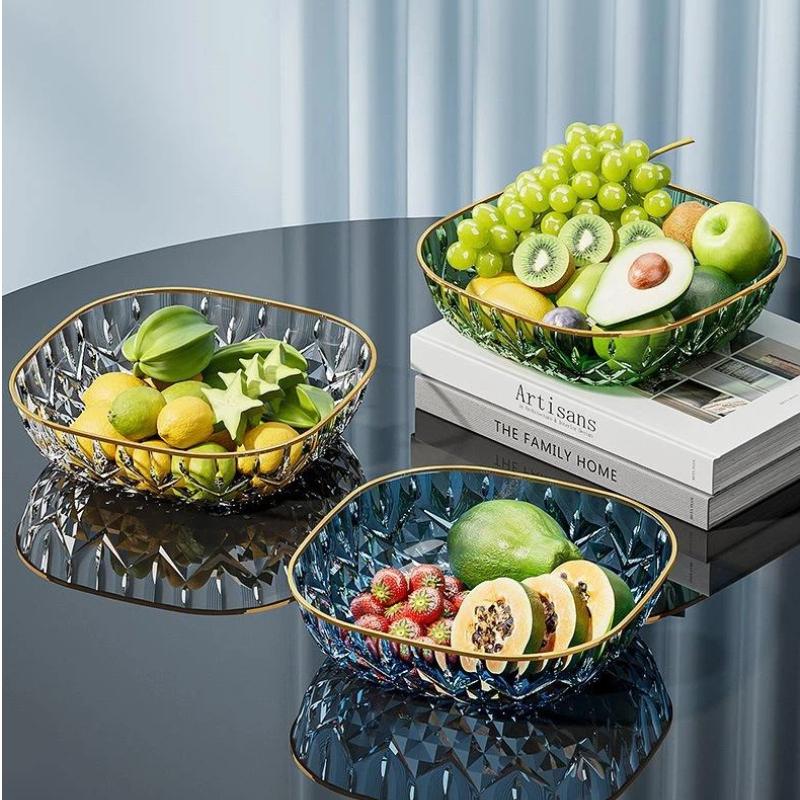 Gold Rim Crystal Fruit Bowl Diamond Cut Texture Shatter Resistant Food Safe Dish for Wedding Party Home Decor Use