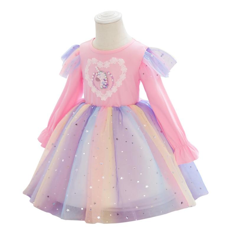 Girls Kids Summer Thin Knitted Tulle Rainbow Unicorn Princess Dress