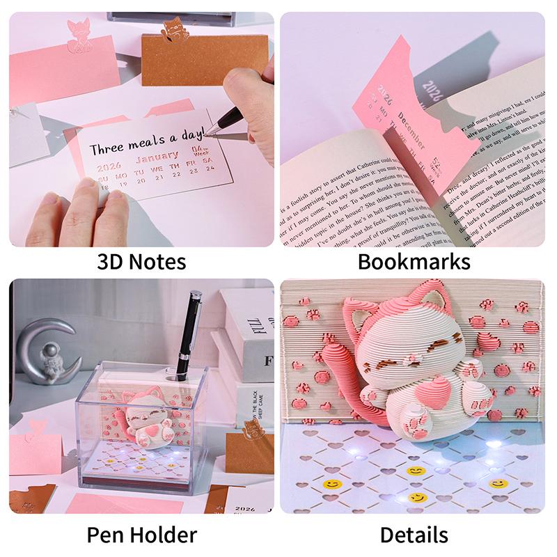 Time Piece Kalender 2026 Schreibtischkalender mit LED-Licht 3D Abreißkalender Papierschnitzkunst Notizblock Geschenk Weihnachten