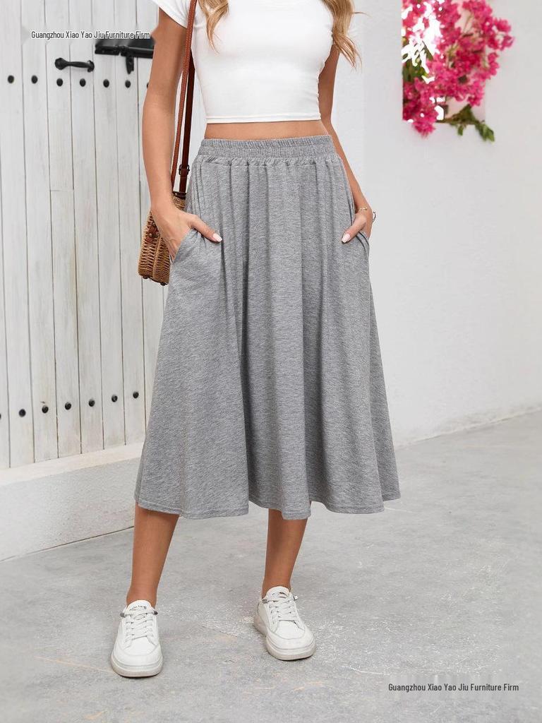 European High-Waisted Casual Midi Skirt - A-Line, Loose Fit, Draped Hem