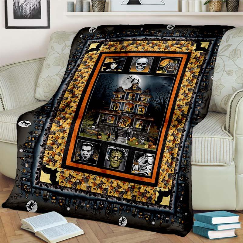 Halloween Pumpkin Ghost Print Flannel Blanket Cozy Warm Throw Bedroom Sofa Present Indoor Home Holiday Lounge Bedding Decor